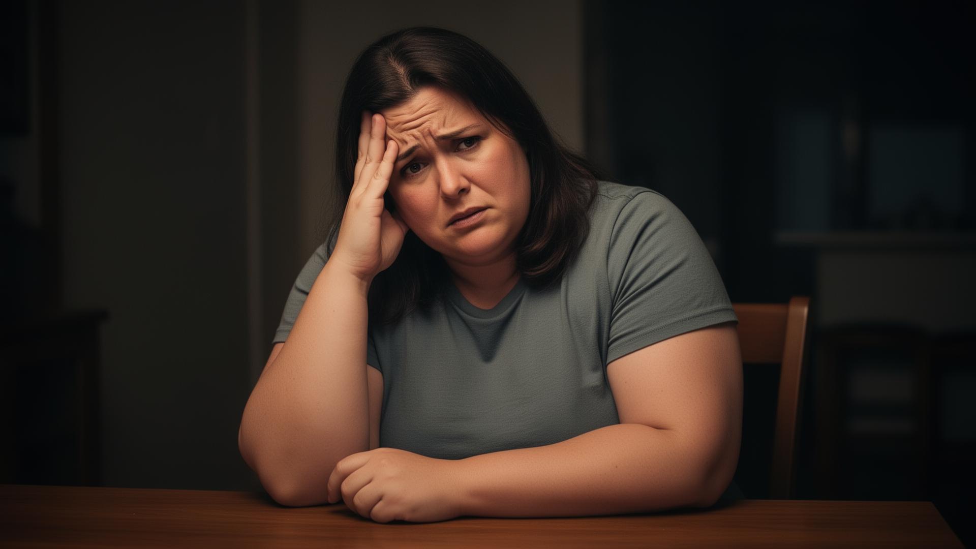 A frustrated, mentally tired woman sitting at a table, struggling with repeated weight-loss attempts