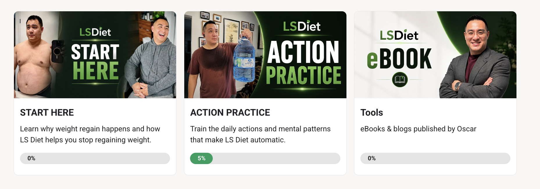 LS Diet course on Skool with three tracks: Start Here, Action Practice, and Tools