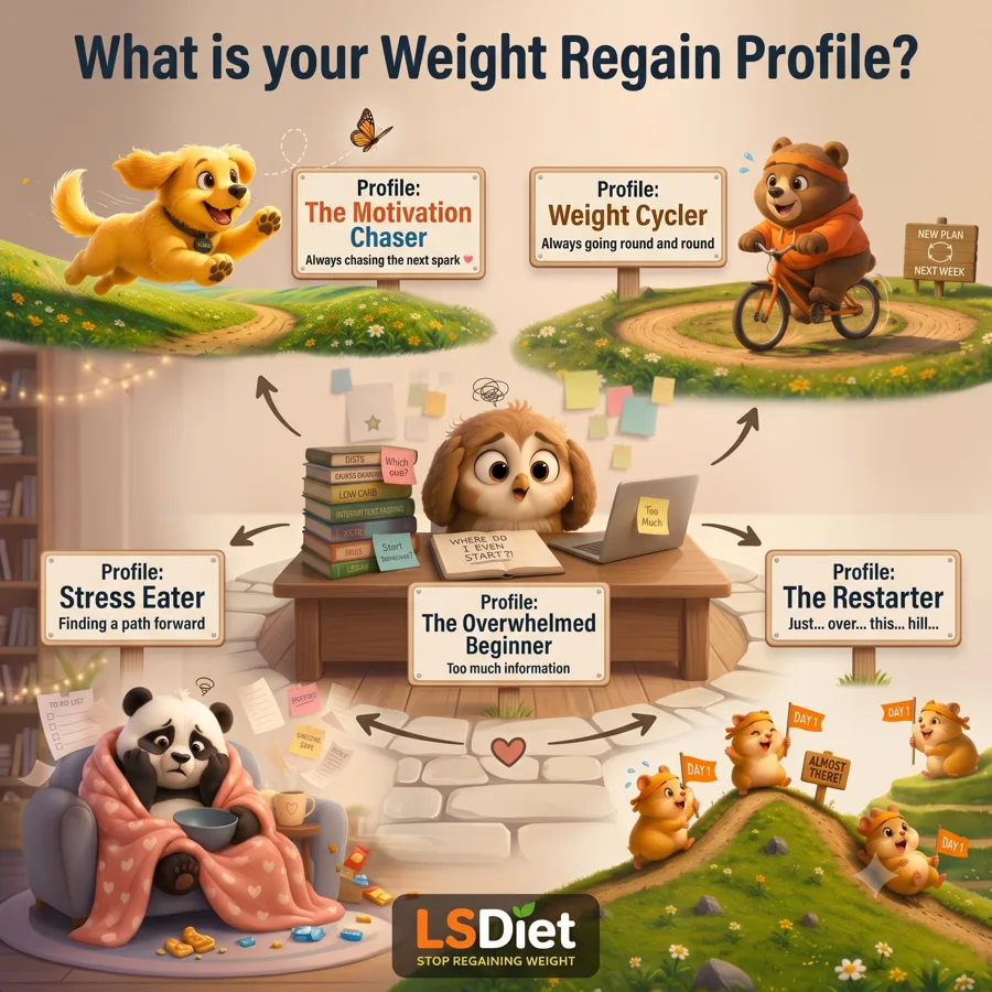 The five weight regain profiles: Motivation Chaser, Weight Cycler, Overwhelmed Beginner, Stress Eater, and Restarter